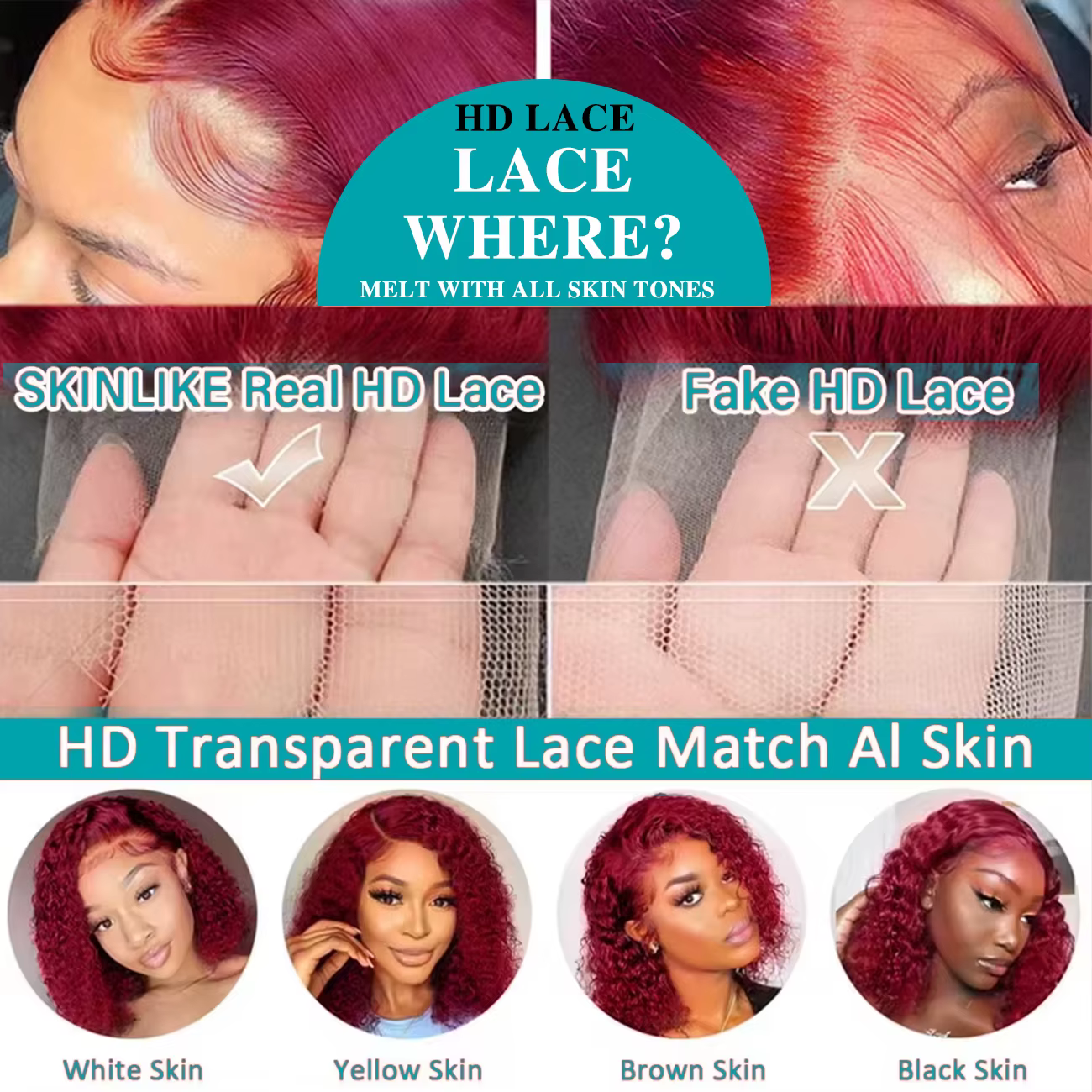 Perruque Lace Frontal Wig naturelle bouclée, cheveux humains, Deep Wave 99J, bordeaux, 13x4, HD, vin