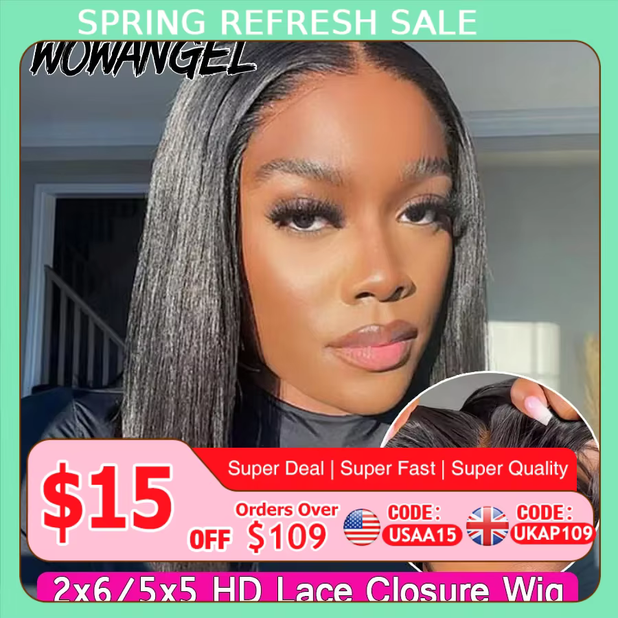 WOWANGEL-Perruque Bob Lace Closure Wig sans colle, cheveux humains lisses, Deep Part, 5x5 HD, 2x6, p