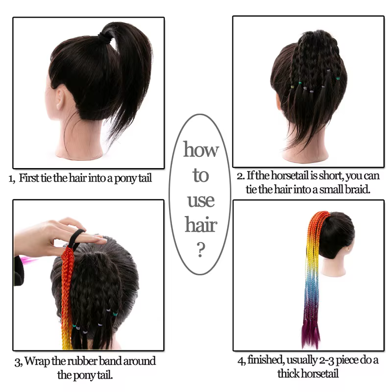 24Inch Synthetic Gradient Colored Braided Ponytail Hair Extension Elastic Rubber Band Braiding Pony