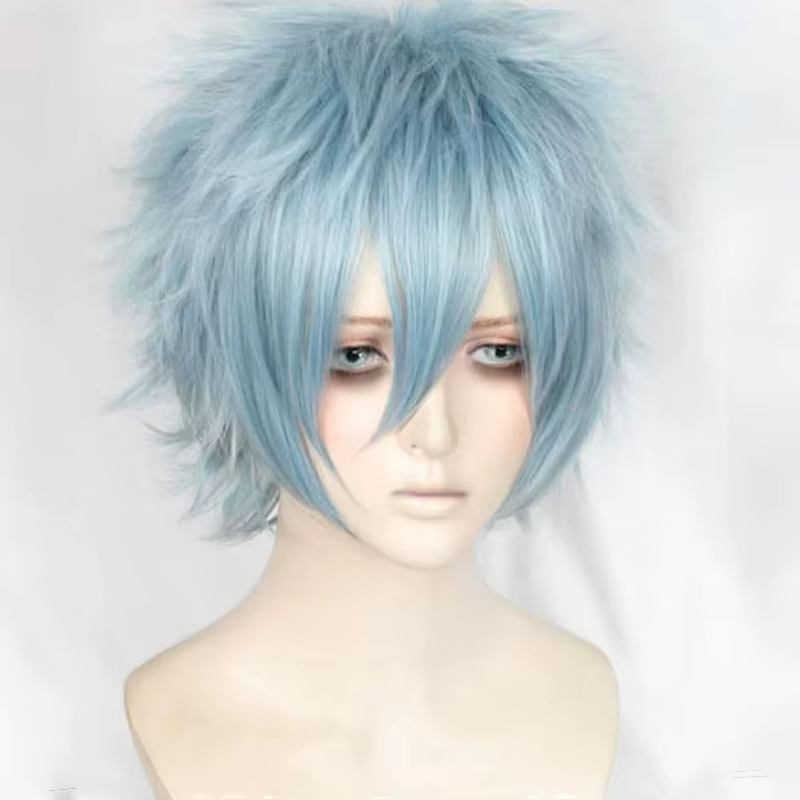 Perruque de Cosplay Courte et Bouclée avec Bonnet, Anime Hiro Akademia Shigaraki Tomura, Gris Bleu M