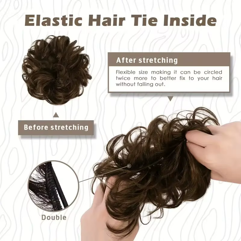 Chignon synthétique en désordre, Extension capillaire courte bouclée et moelleuse, bande élastique e