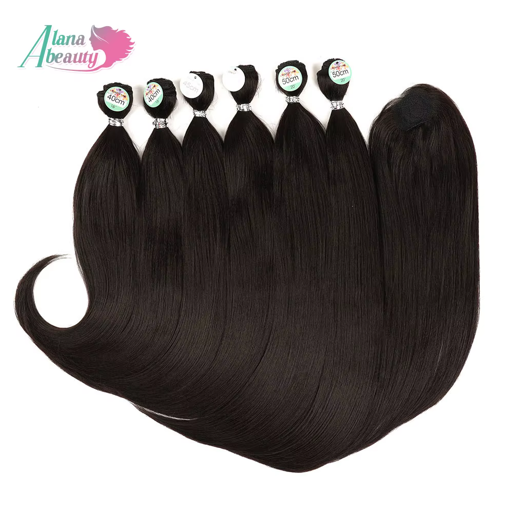 Extensions de cheveux synthétiques longs injStraight, 6 pièces avec fermeture, faisceaux de 260 gram