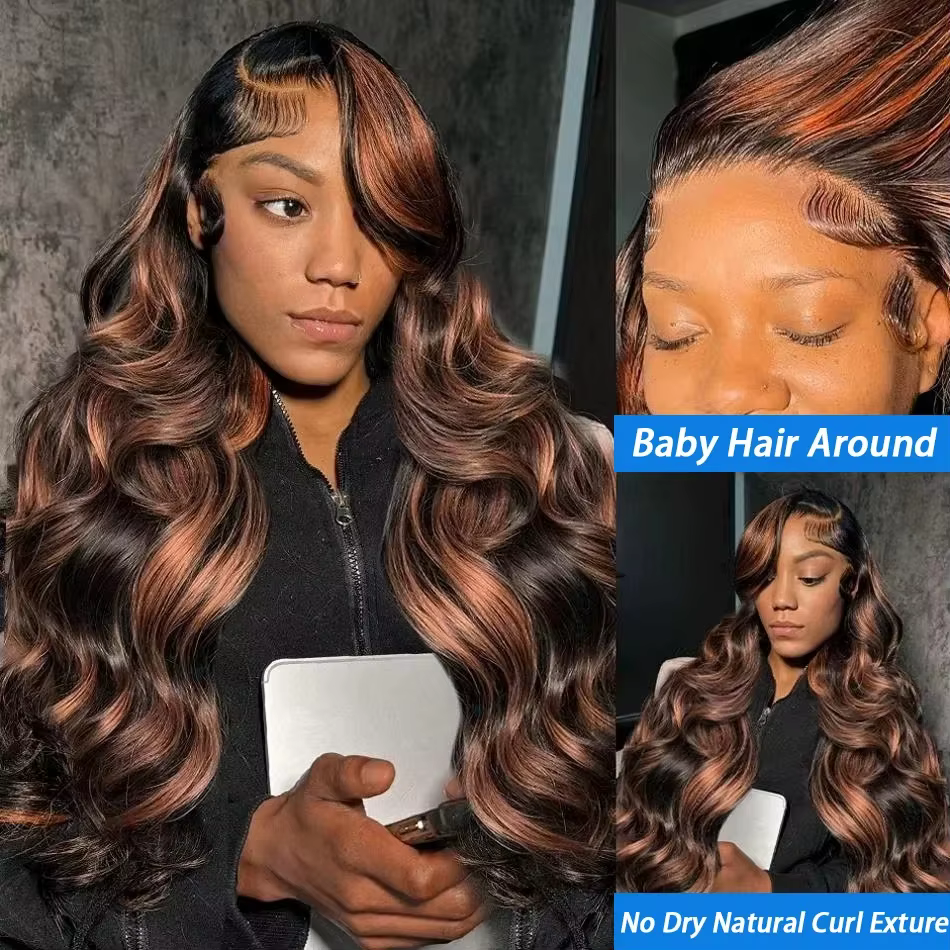 Perruque Lace Front Wig naturelle lisse sans colle, 5x5, P1B/30 ombrée, 13x6, reflets, Body Wave, 13