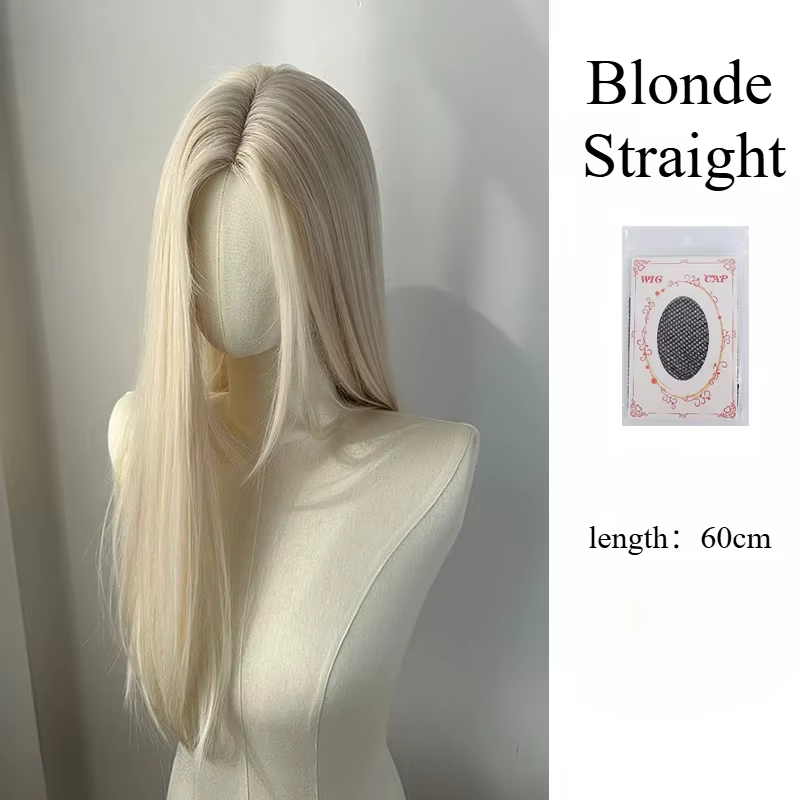 Perruque blonde longue droite pour femme, partie centrale, perruques synthétiques, avant en dentelle
