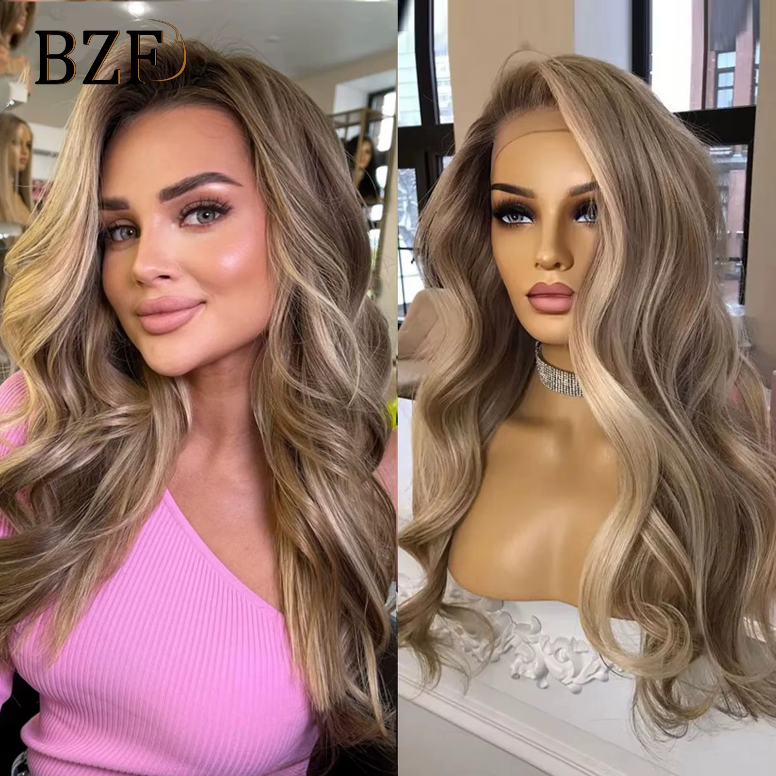 Perruque Lace Front Synthétique à Reflets Bruns Ondulés pour Femme, Racines Foncées Colorées, Blonde