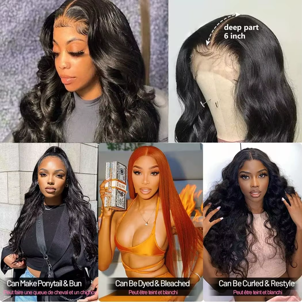 Perruque Lace Wig Body Wave Brésilienne Naturelle, Cheveux Humains, 13x4, Sans Colle, Prête à vitati