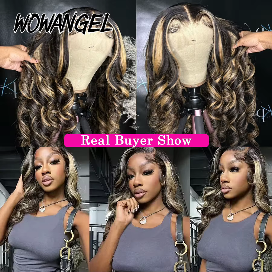 Wow Angel 1B27 Ombre mettre en évidence couleur 250% cheveux humains dentelle frontale perruques vag