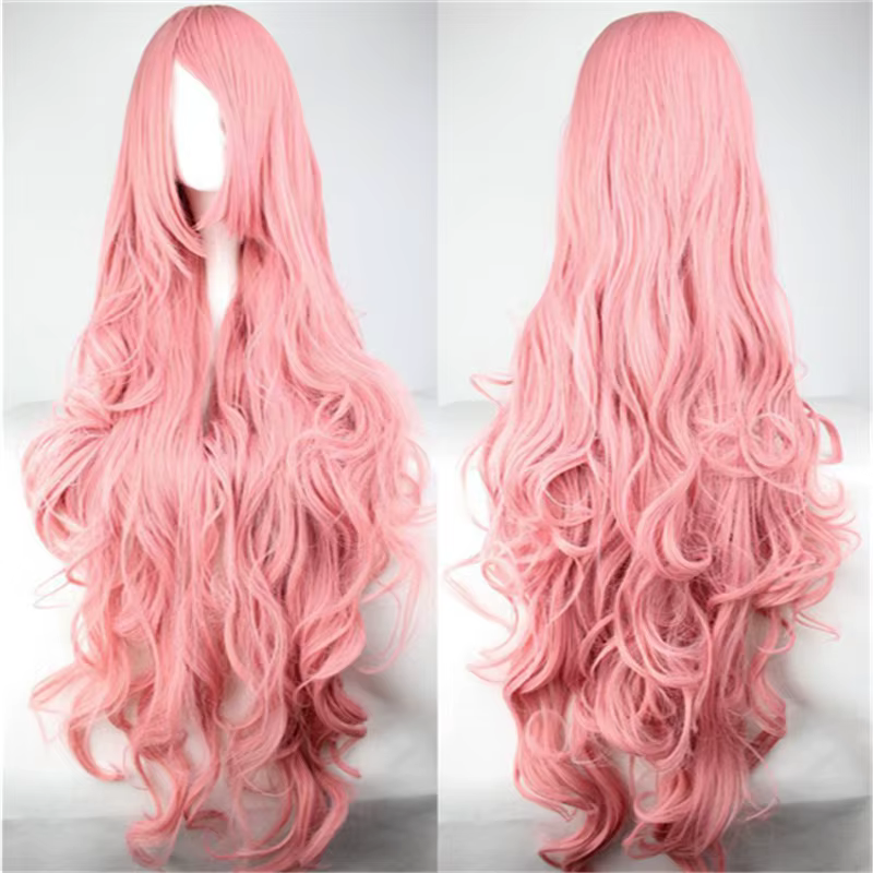 Perruques de cheveux synthétiques pas cher 100 CM longue perruque rose avec frange perruques de Cosp