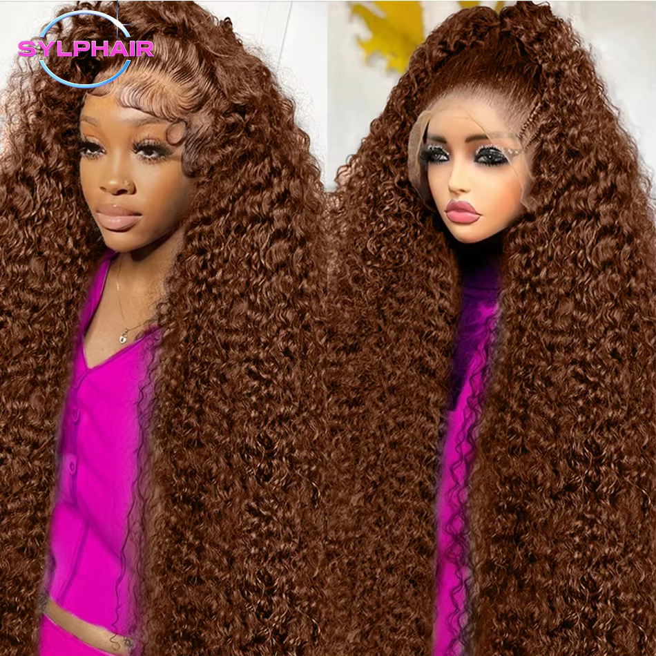 Perruques bouclées profondes cheveux humains brun chocolat 13x4 13x6 Hd dentelle frontale perruque c