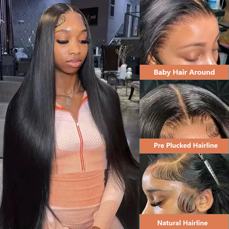 Perruques de cheveux humains lisses noires naturelles de 30 pouces, avec dentelle frontale 360, dent