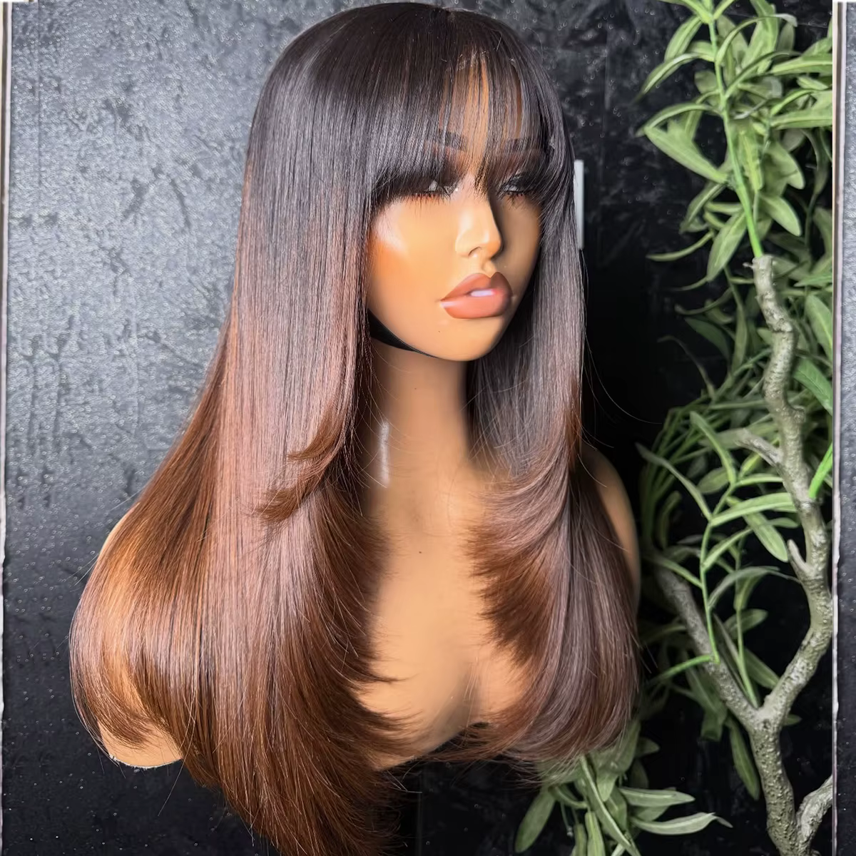 Perruques sans colle HD 13x6 de 400 densités, couleur ombrée brune, avec frange, cheveux humains prê