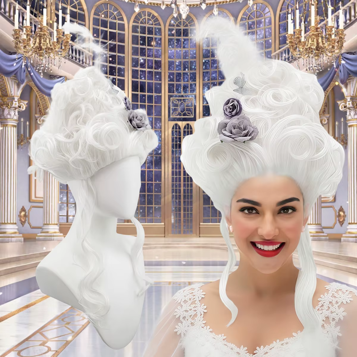 Perruque synthétique rose moelleuse de haute qualité |   Coiffure de la reine avec des fleurs de plu
