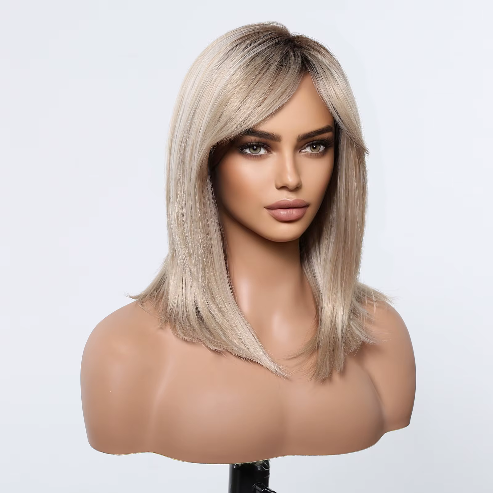 Perruques synthétiques lisses mixtes blondes platine, perruque mi-longue à racine foncée avec frange