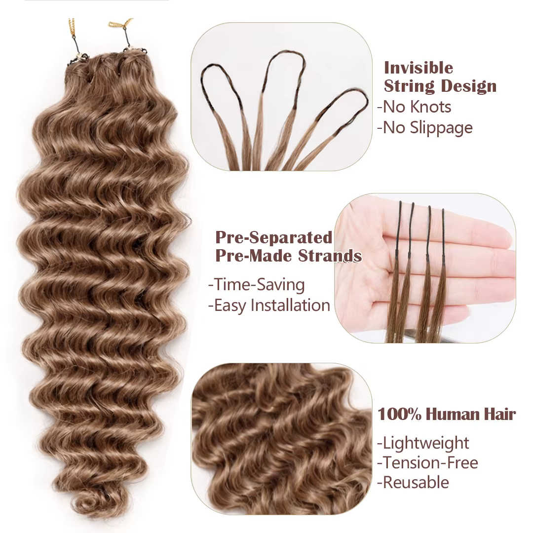 Extensions de cheveux humains au crochet 15A Honey Brown Deep Wave, pré-séparées, cheveux brésiliens