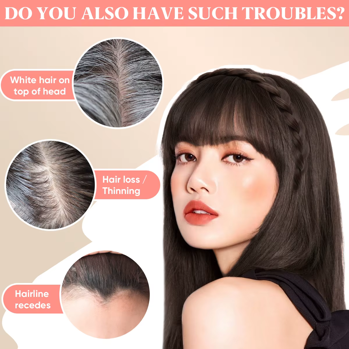 Extension de frange de bandeau synthétique, faux cheveux, frange émoussée avec côtés longs pour femm