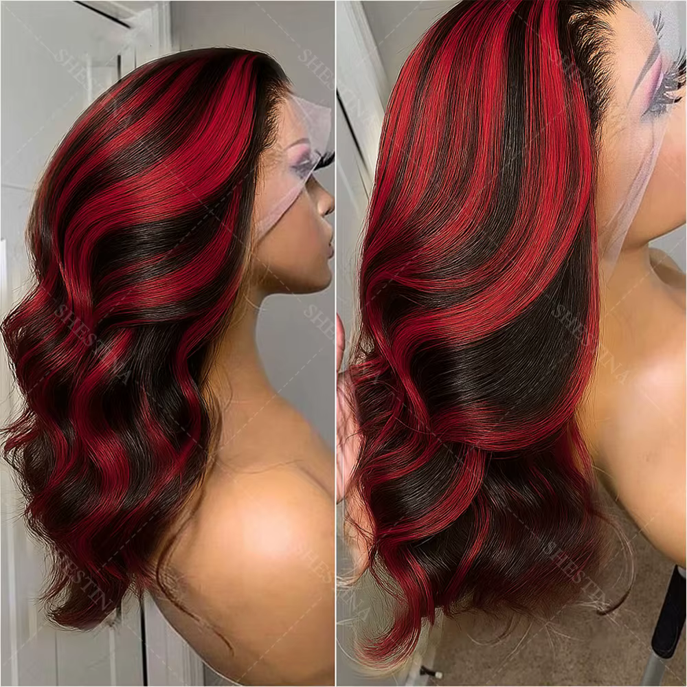 1B/99J ombré noir avec reflets rouges 5x5 dentelle avant fermeture vague de corps perruques cheveux 