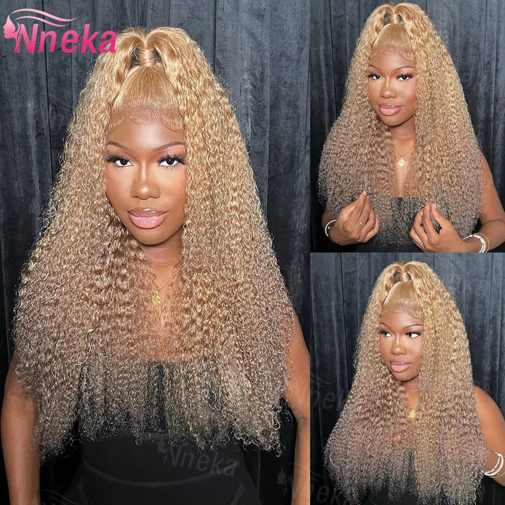Perruque Lace Front Wig naturelle bouclée blond miel, cheveux humains, Deep Wave, 13x6, 13x4, Hd, po