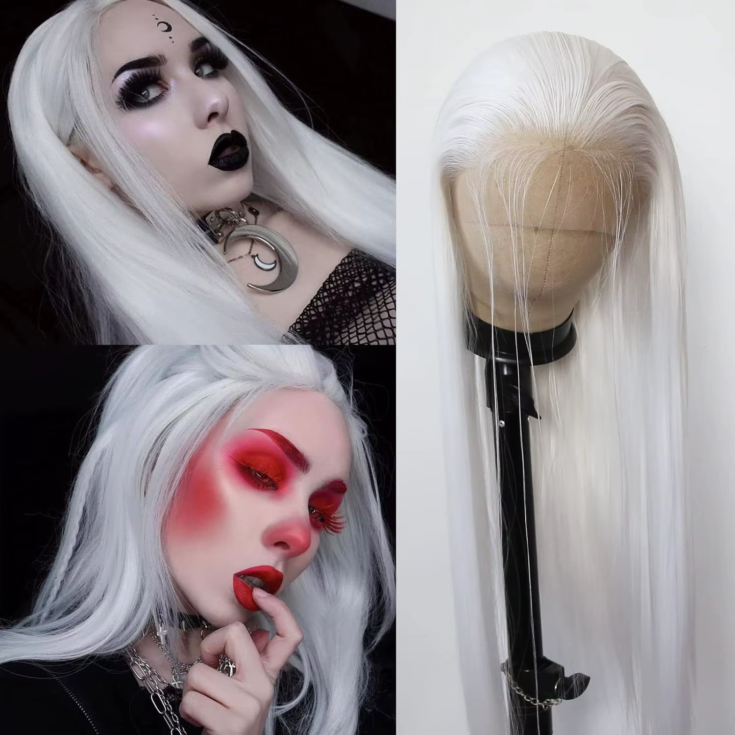 Perruque Lace Front Wig synthétique lisse et longue, cheveux lisses, platine blanc, naturel, demi-ma