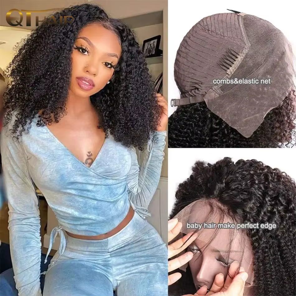 QT Afro crépus bouclés dentelle avant perruques 13x4 HD Transparent cheveux humains dentelle perruqu