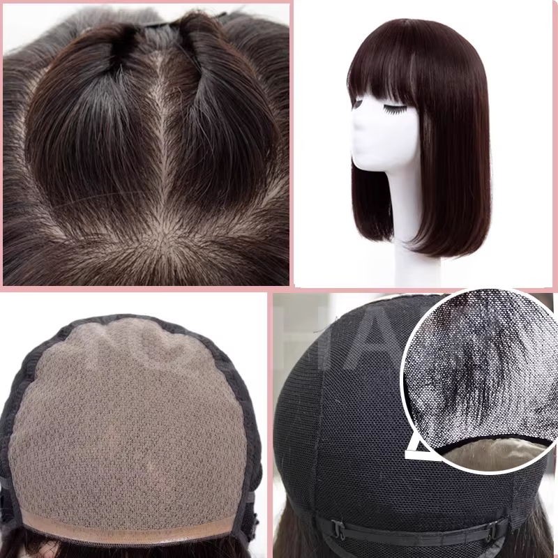 Perruque de Base en soie 6x6 pouces avec frange, perruque de cheveux humains européens vierges, haut