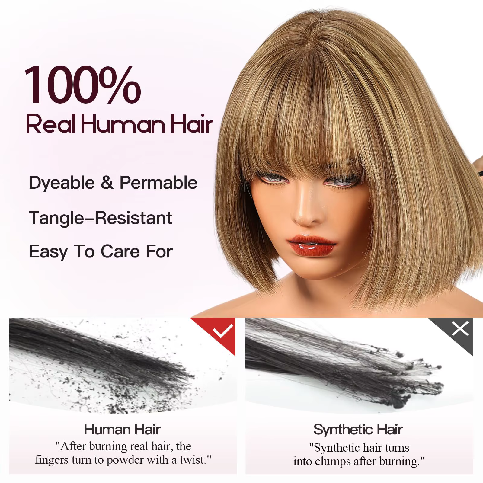 Bob brun mélangé blond Remy cheveux humains pour les femmes naturel droite perruques courtes avec fr