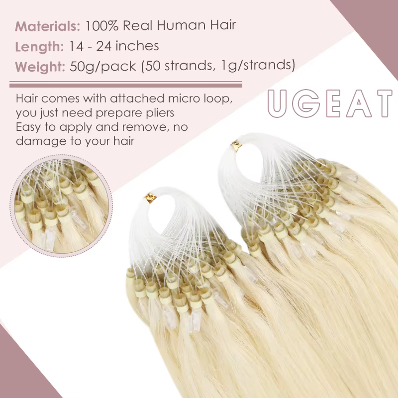 Ugeat Microlink-Extensions de Cheveux Humains, 14-24 Pouces, Vrais Cheveux Humains Naturels, 1g/1s 1