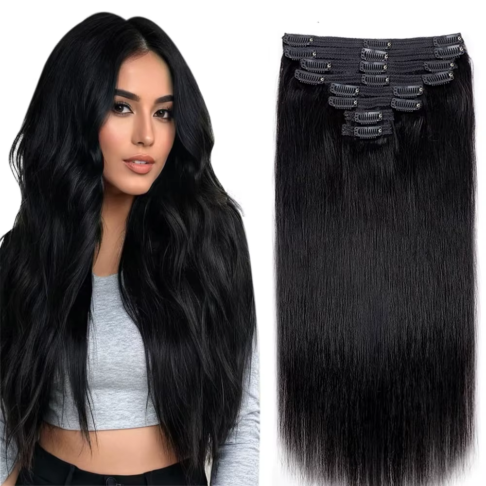 Extensions de cheveux naturels à clipser, 120g, lot de 8 pièces, cheveux vierges 100% humains, noir naturel