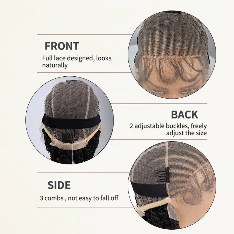 Perruque tressée de 8 pouces, cheveux courts tressés, perruque bob bohème, tresses box braids sans nœuds, tresses cornrows avec pointes bouclées, perruque tressée en dentelle pour femmes