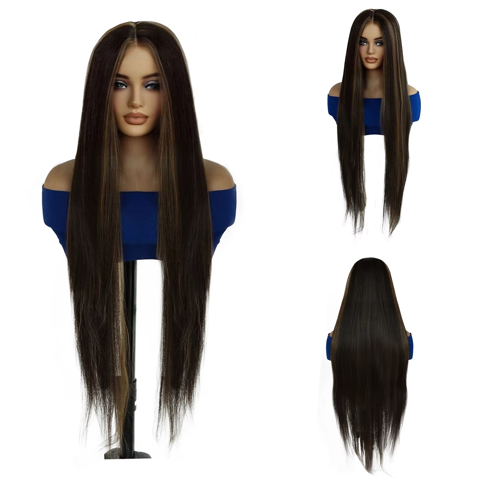 Perruque Lace Front 13x4x1 Brun Foncé avec Mèches Blondes