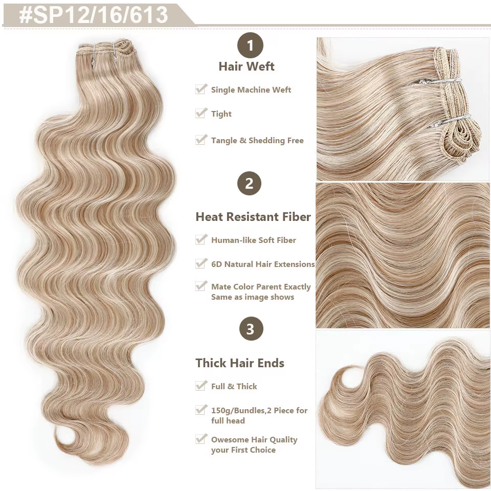 30 pouces 200 grammes surbrillance blonde 27/613 Ombre Brown 6 # Extension de cheveux synthétiques à haute température, Body Wave, Bio-Protain