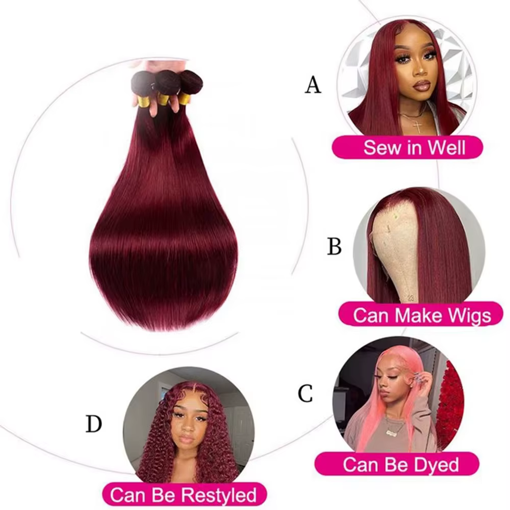 Couleur # Extensions de cheveux humains lisses bordeaux 99J