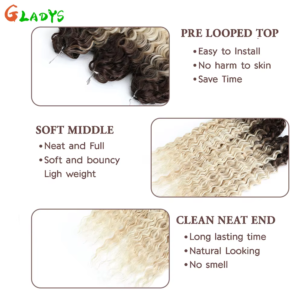 Extensions de cheveux synthétiques Ariel Ombre Blonde Deep Wave Braids, 300g/3 pièces, 24 pouces (60cm), Ombre Brown, cheveux bouclés torsadés au crochet