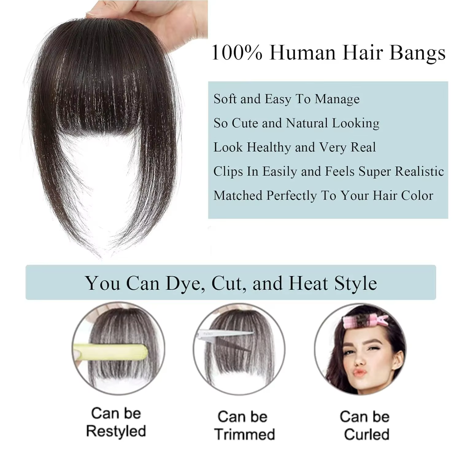 Franges françaises à clipser en cheveux humains avec tempes pour femmes
