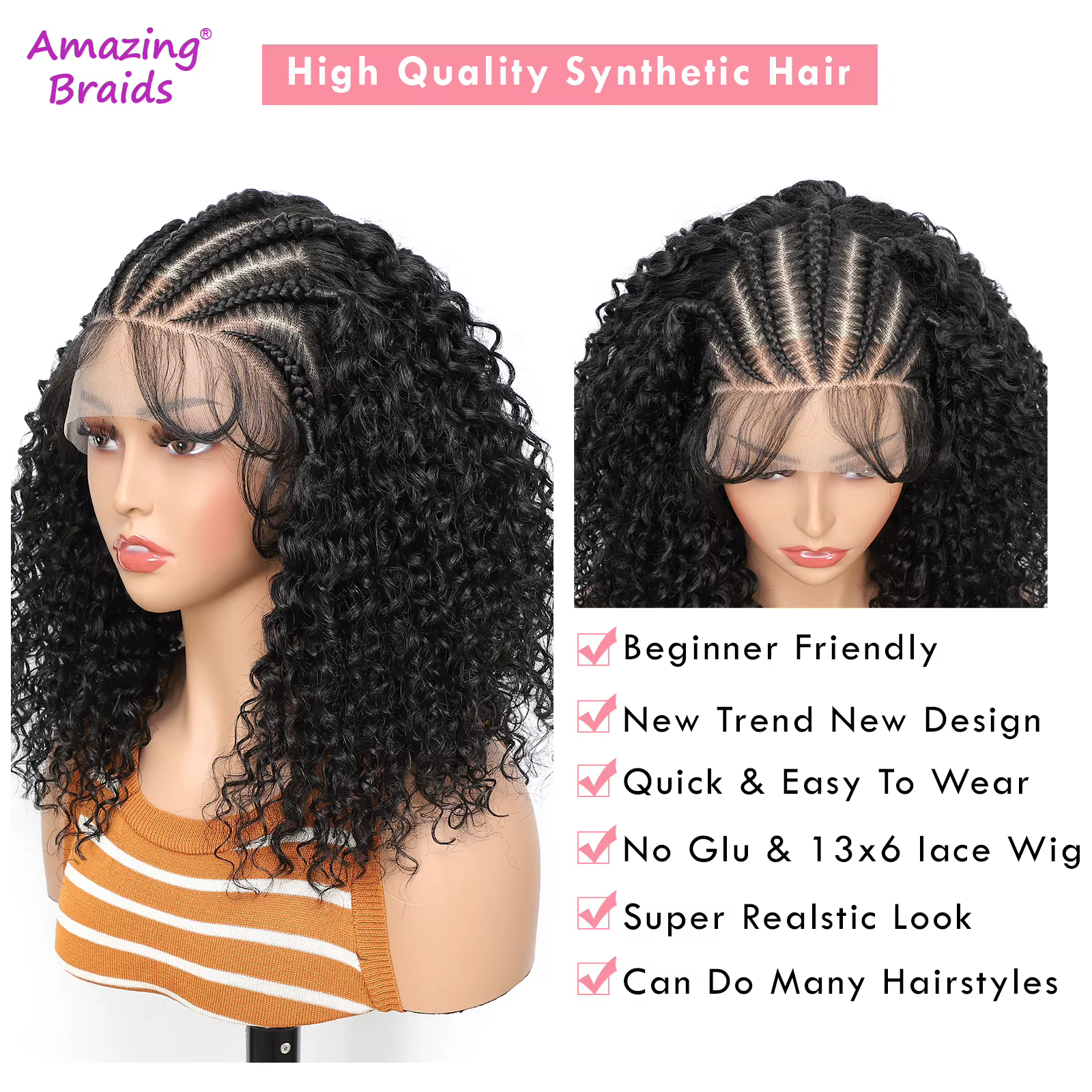Perruque de cheveux bouclés tressés en dentelle avant 8 '' 13x6