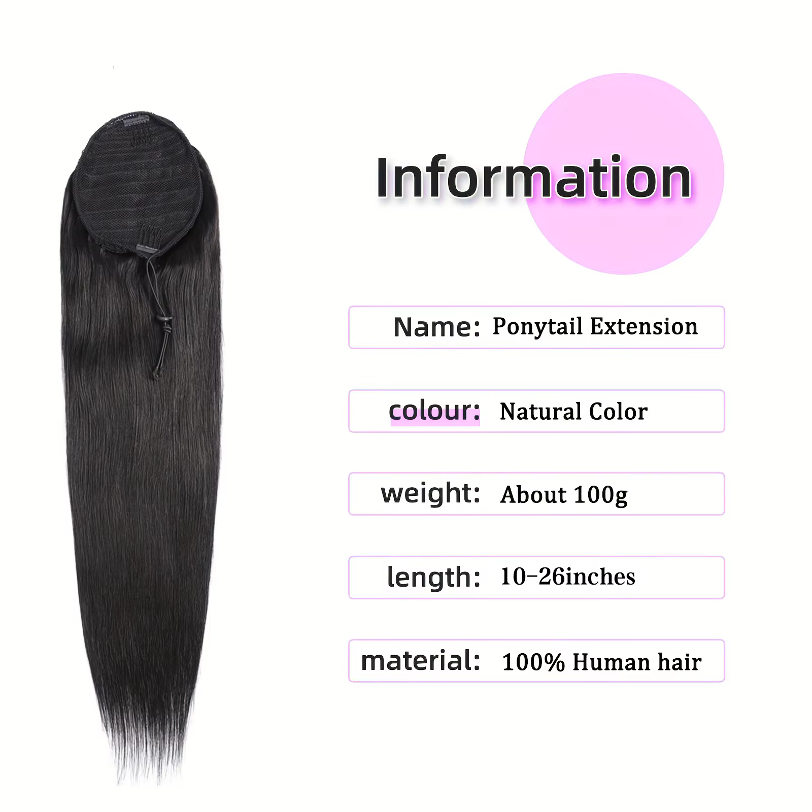 10-26 pouces longue droite cordon queue de cheval Extensions 100% cheveux humains enrouler autour du Clip