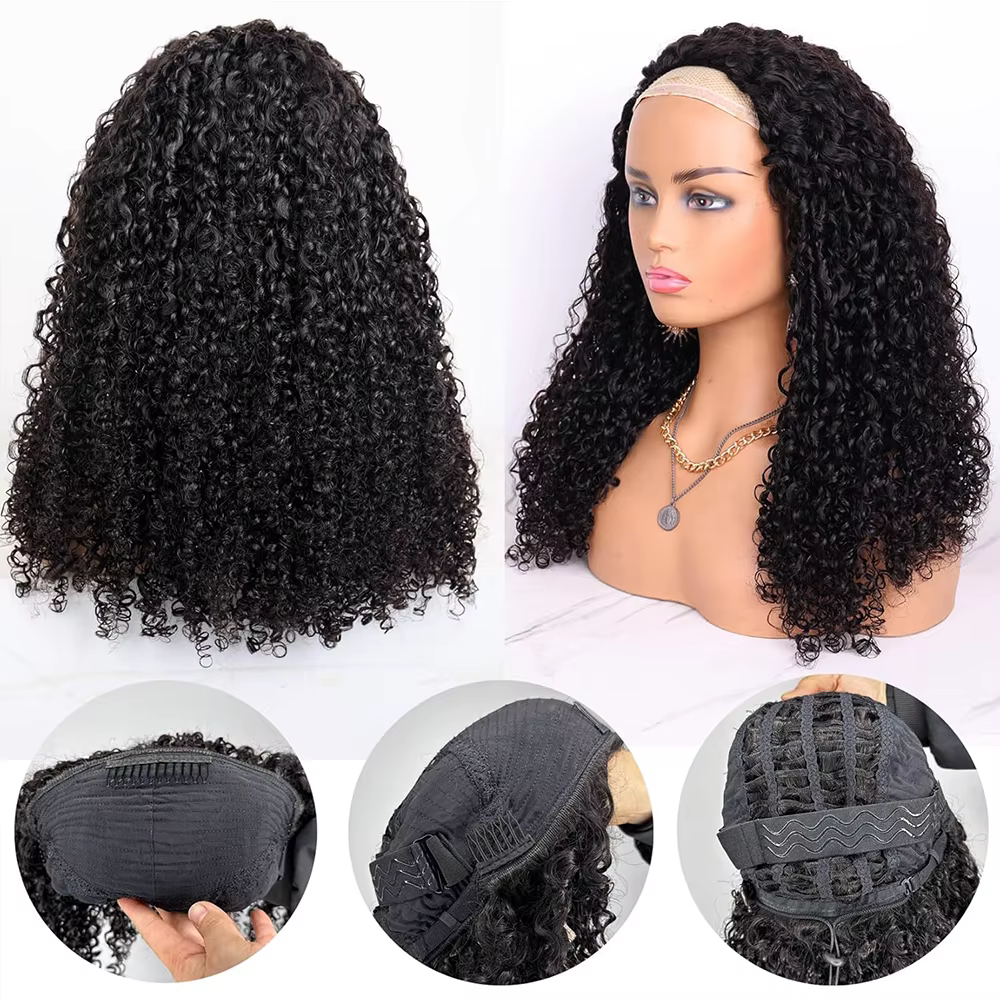 Demi-perruque cheveux humains crépus bouclés sans colle perruque