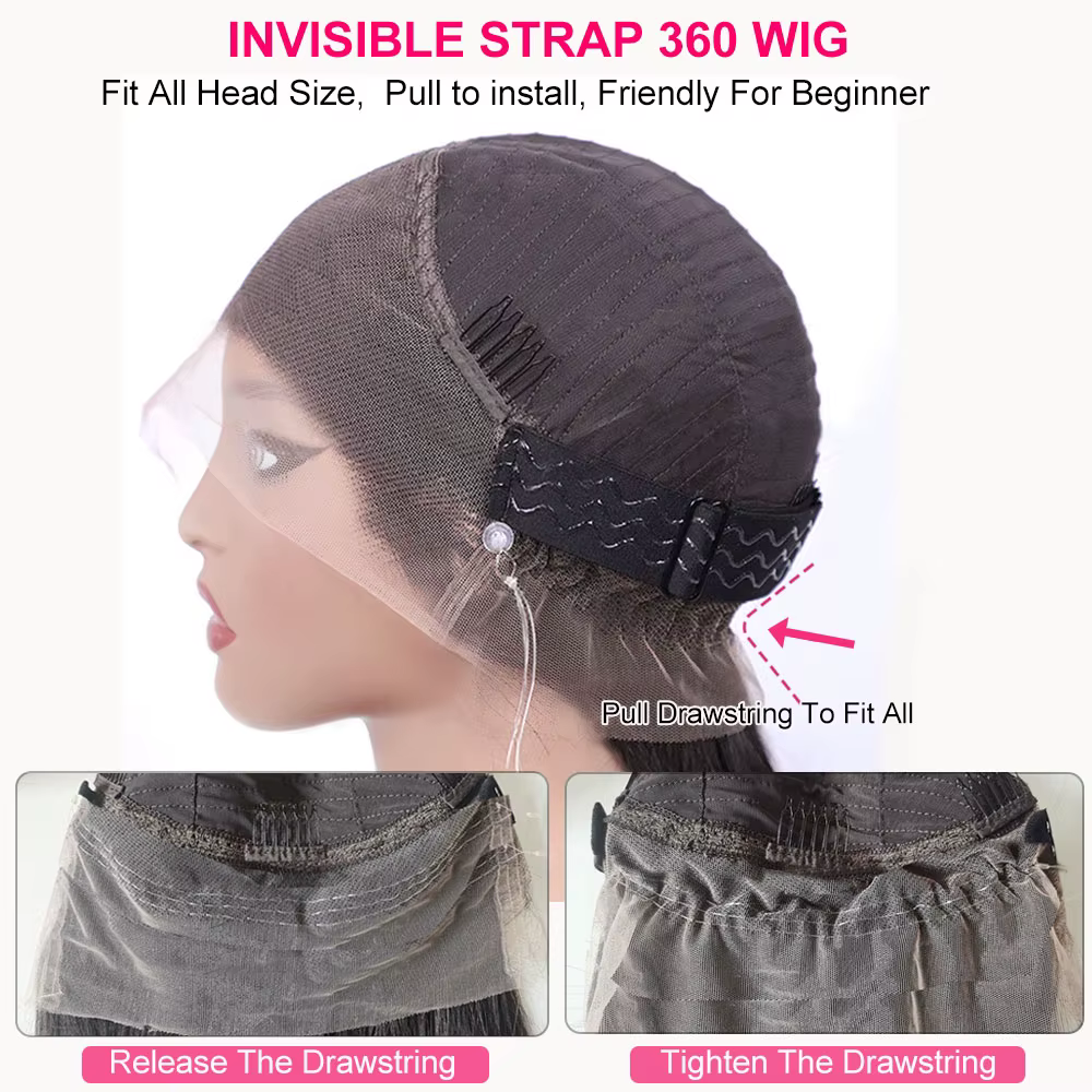 Sangle Invisible 360 pleine dentelle sans colle perruque cachée cordon vague profonde frontale
