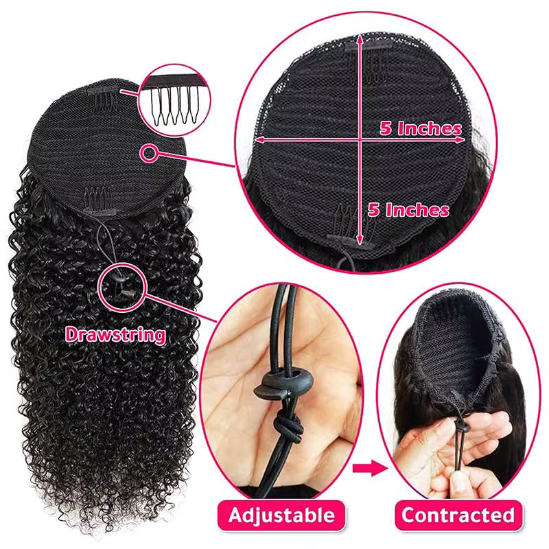 Extensions de queue de cheval bouclées vague profonde cordon queue de cheval pour les femmes noires cheveux humains avec pince en queue de cheval épaisse cheveux naturels # 1B