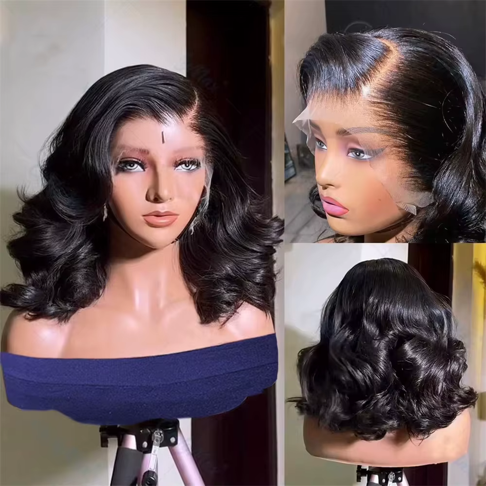 Perruque Bob 100% Cheveux Humains Ondulés avec Dentelle Frontale Pré-Pluckée 13x4