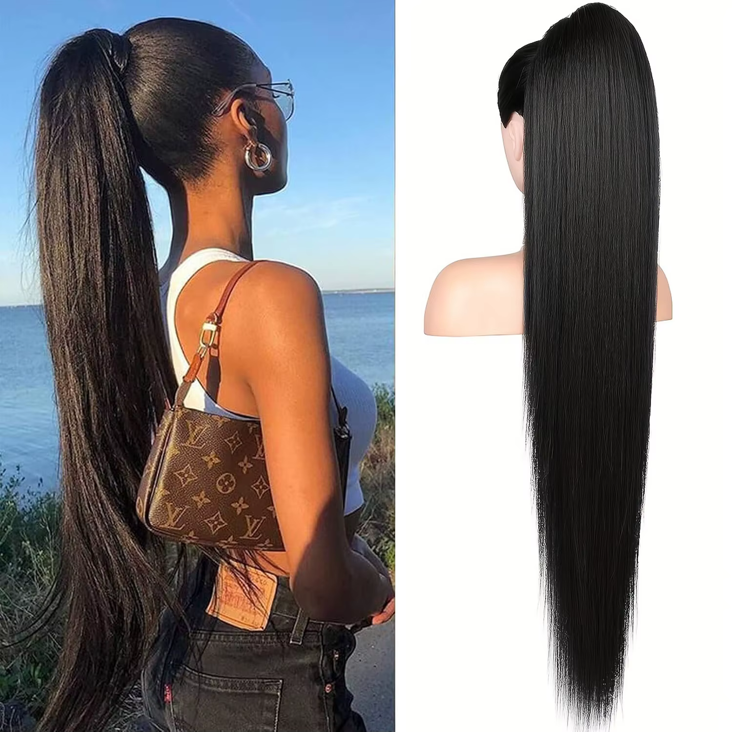 Extension de cheveux humains queue de cheval droite avec pince en cordon
