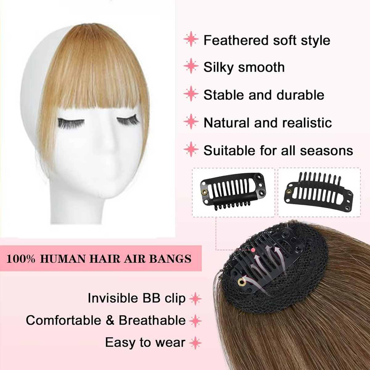 Frange française vaporeuse de cheveux humains avec des tempes