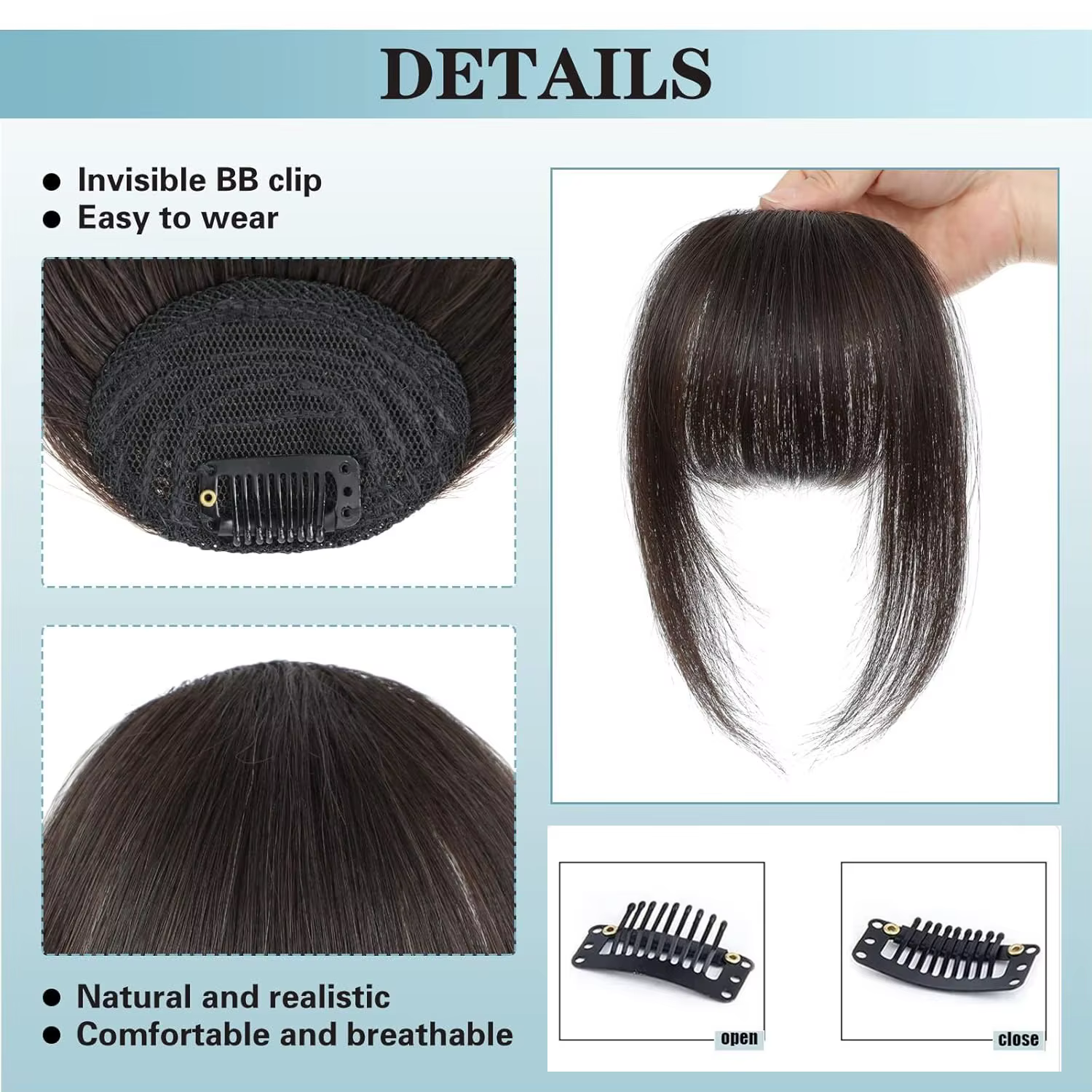 Franges françaises à clipser en cheveux humains avec tempes pour femmes
