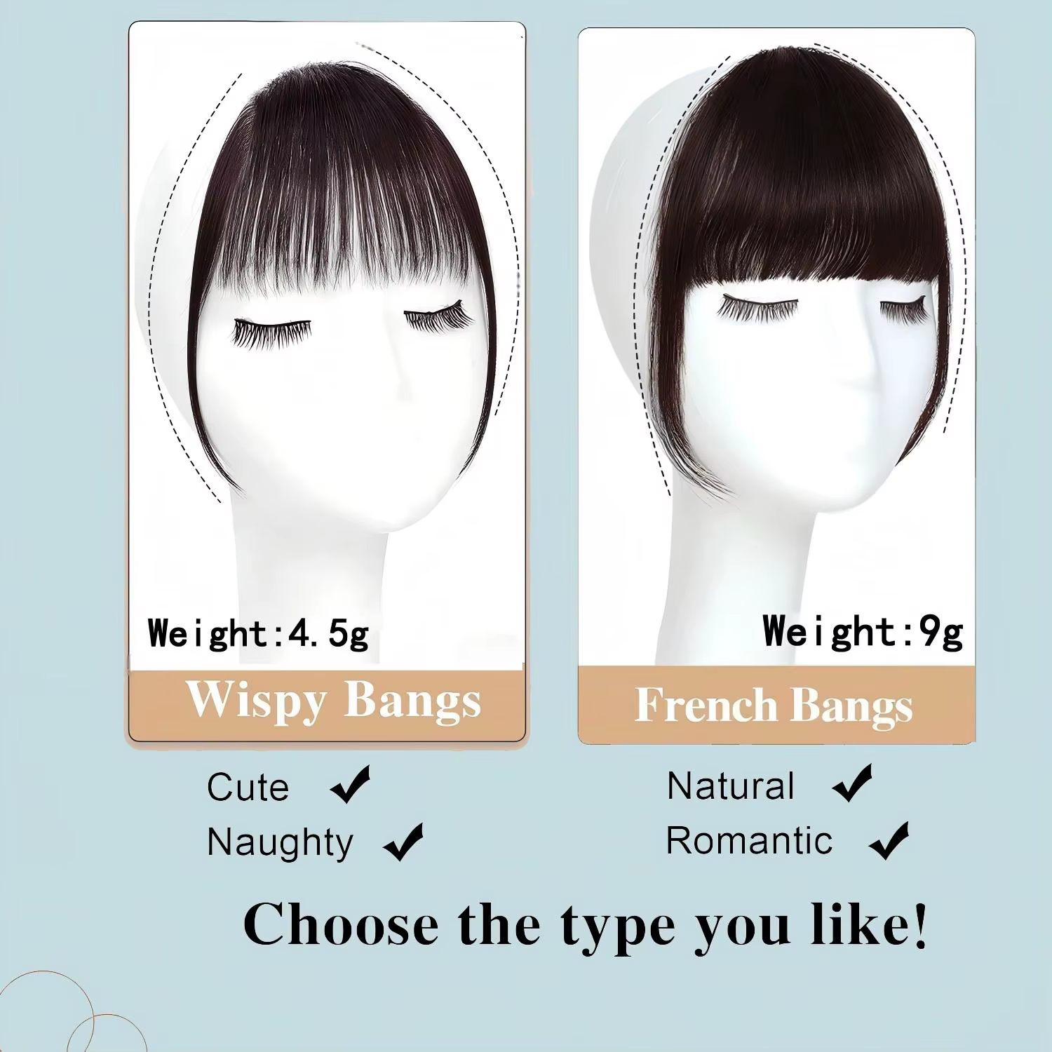 Frange française vaporeuse de cheveux humains avec des tempes