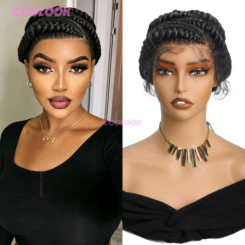 Perruque tressée sans colle avec chignon cornrow