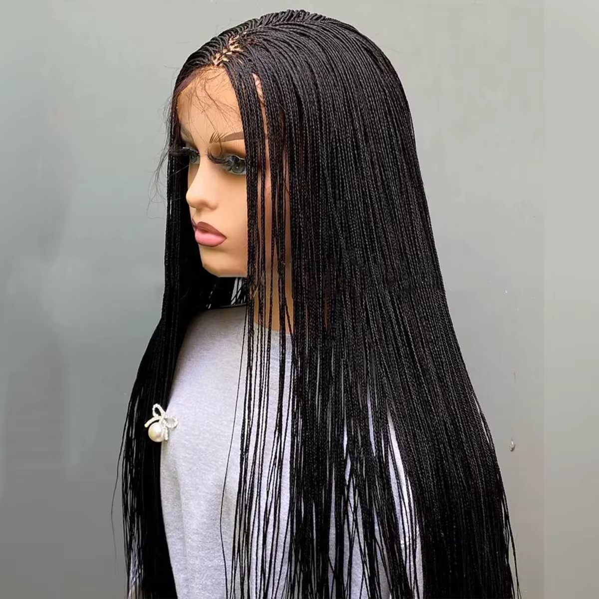 Perruque tressée sans colle avec micro-tresses sur dentelle HD 5x5