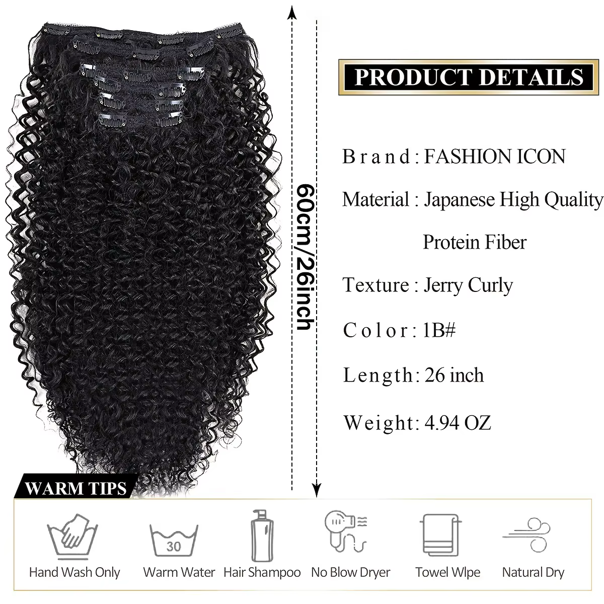 Extensions capillaires synthétiques crépues bouclées à 16 clips