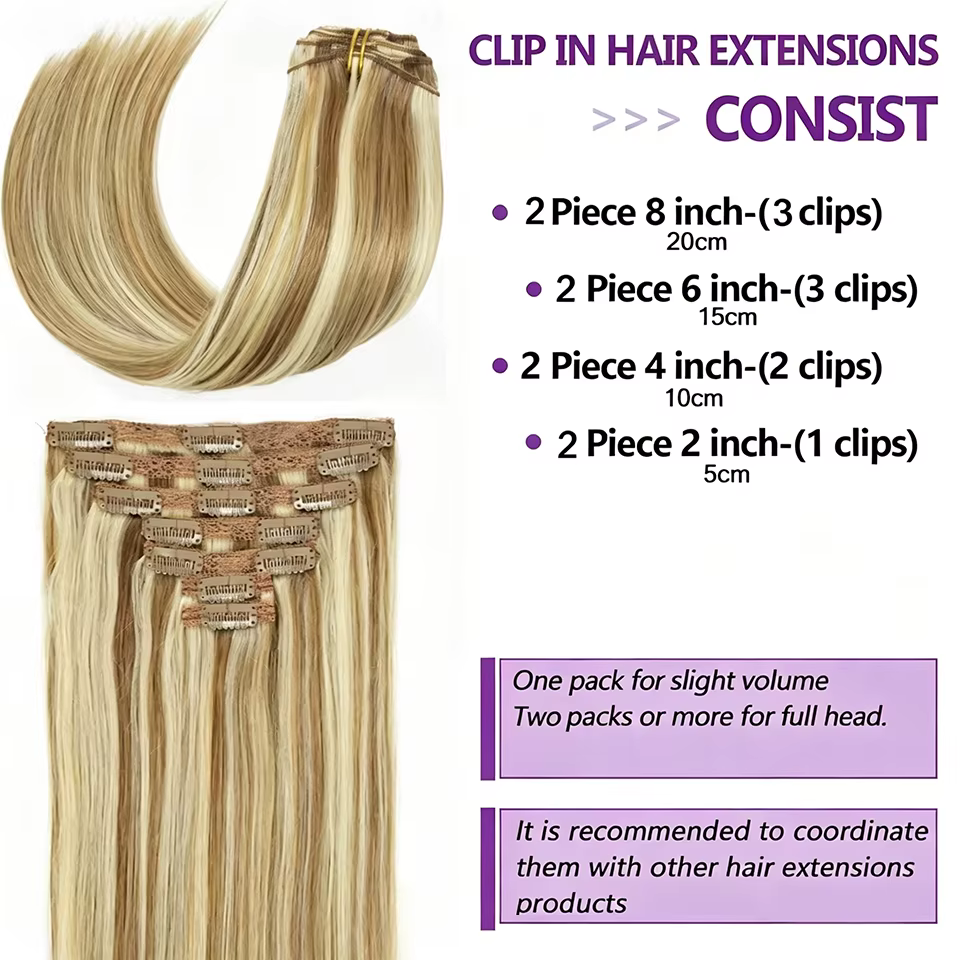 Extensions de cheveux à clipser, cheveux humains vierges, extensions brésiliennes à clipser, lisses, couleur blonde pour femmes, 16-26 pouces
