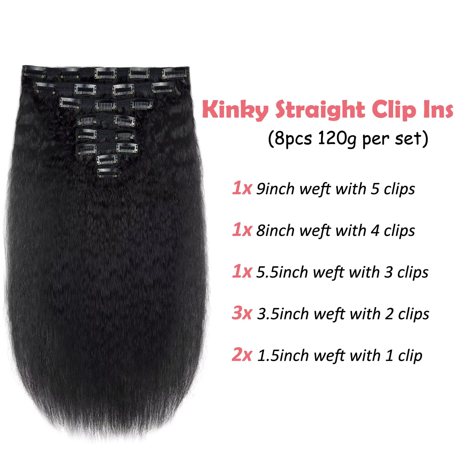 Extensions de cheveux à clipser de 18 pouces