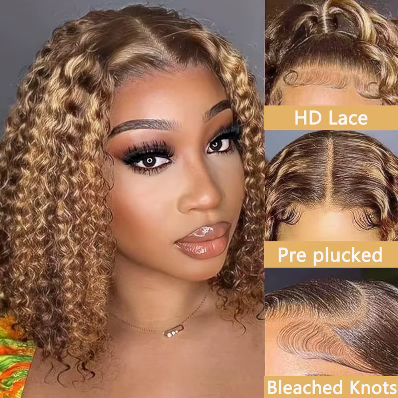 Perruque courte bouclée bob avec mèches blond miel 4/27