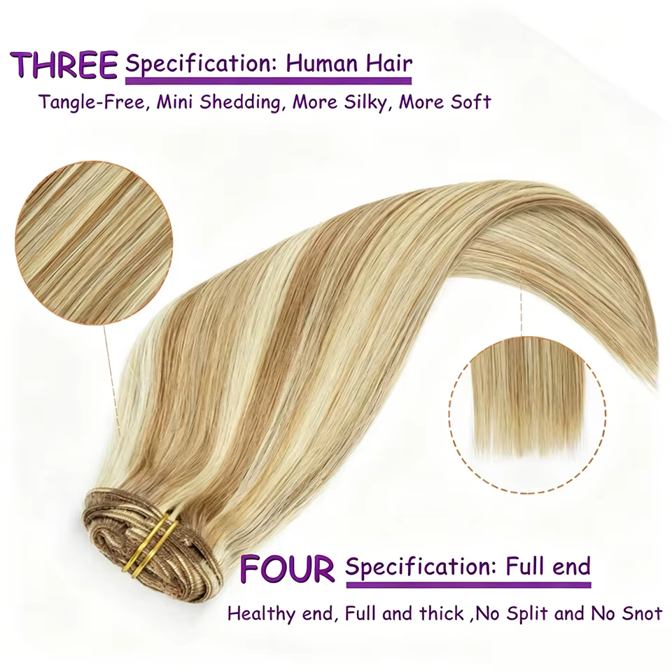 Extensions de cheveux à clipser, cheveux humains vierges, extensions brésiliennes à clipser, lisses, couleur blonde pour femmes, 16-26 pouces